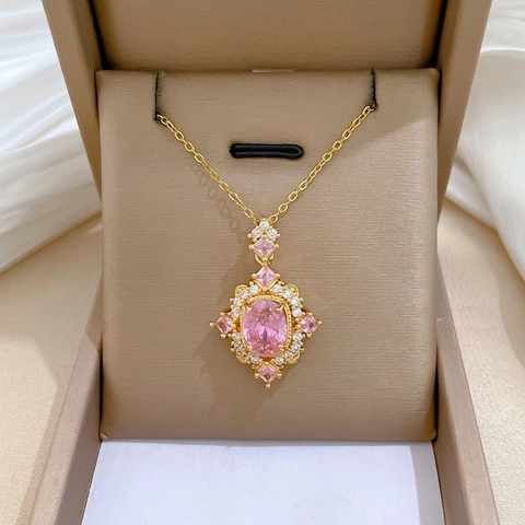 Collana Con Pendente In Pietra Rosa Catena In Acciaio Inossidabile Rame Zircone Strass Gioielli Eleganti Per Donna