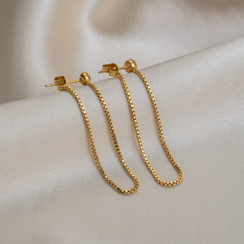 Long Chain Earrings 18K Gold Plated Stainless Steel Zircon Stud Box Chain Hypoallergenic Minimalist Style For Women