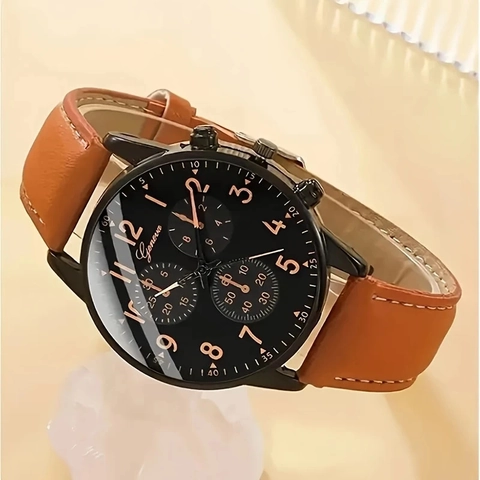 Juego de Reloj Geneva para Hombre de Negocios Caja de Aleación Correa de Cuero de PU Reloj de Cuarzo Redondo Pulseras Vintage de Madera Tejida Accesorio de Moda