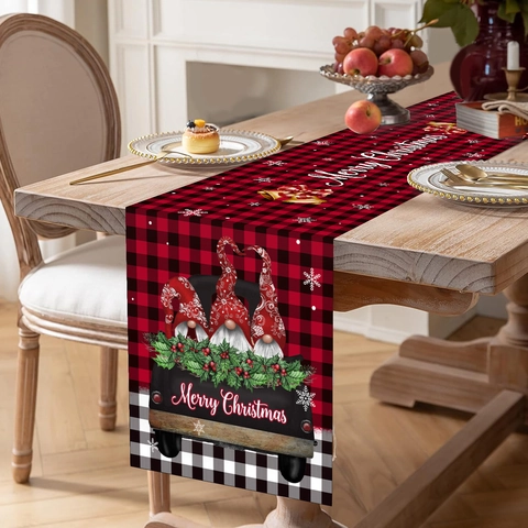 Christmas Table Runner Red Black Buffalo Plaid Gnome Truck Polyester Party Dining Table Decoration Merry Christmas Pattern