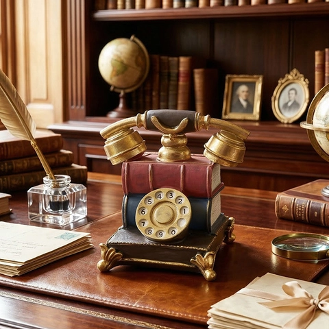 Vintage Telephone Piggy Bank Resin Stacked Books Design Money Box Retro Desktop Ornament Home Office Decor Sculpture