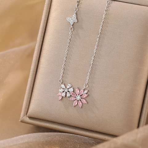 Collier Fleur Papillon 925 Argent Sterling Zircon Rose Blanc Style Forêt Chaîne Clavicule Pour Femmes Bijoux