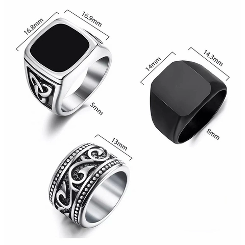 Men's Vintage Stainless Steel Celtic Knot Ring Set Matte Black Square Stamp Ring Carved Band Punk Jewelry Gift For Men