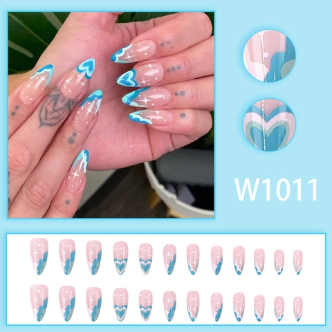Faux Ongles Press On À Motif Cœur Bleu Longue Moyenne Amande Pointes Artificielles Motif Étoile Style Doux Haute Brillance