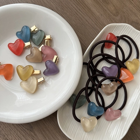 Heart Shaped Hair Clip Elastic Hair Tie Resin Transparent Jelly Color Korean Style Sweet Bangs Accessory For Women Girls
