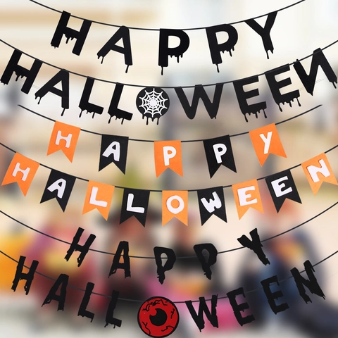 Happy Halloween Banner Vliesfilz Gruselige Partydekoration Kürbis Fledermaus Geist Spinnennetz Hängegirlande