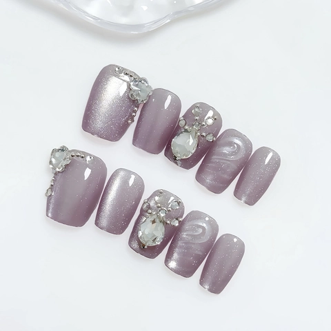 Uñas Postizas Hechas A Mano Lavanda Ojo De Gato Con Pedrería Y Perlas Artificiales 3D Desmontables Cortas Cuadradas Redondas ABS