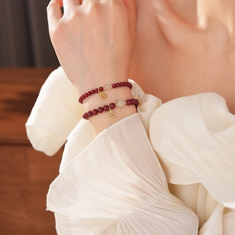 Zinnober Perlenarmband Mit Hetian Jade Und Goldener Kalebasse Anhänger Glücksbringer Retro Stil Schmuck Damen