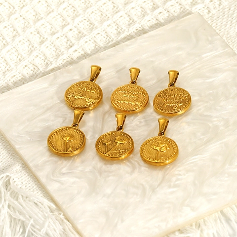 Pendentif Fleur De Naissance Vintage Plaqué Or 18K Acier Inoxydable 304 Pièce Ronde Relief Floral DIY Accessoires Bijoux