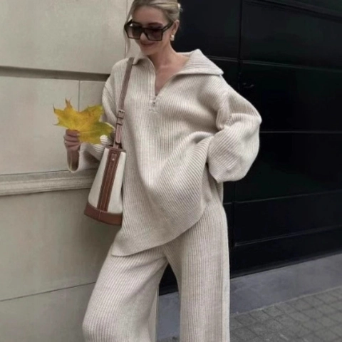 Pull Femme Tricoté Demi Zip Et Pantalon Large Tenue Décontractée Côtelée Couleur Unie Automne Hiver