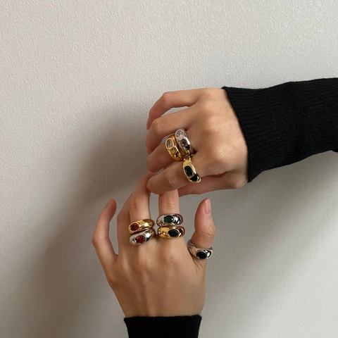 Anillo Abierto Ajustable de Cobre Vintage Chapado en Oro Plata Circonia Retro Geométrico Incrustado con Circonia de Colores Joyería Mujer
