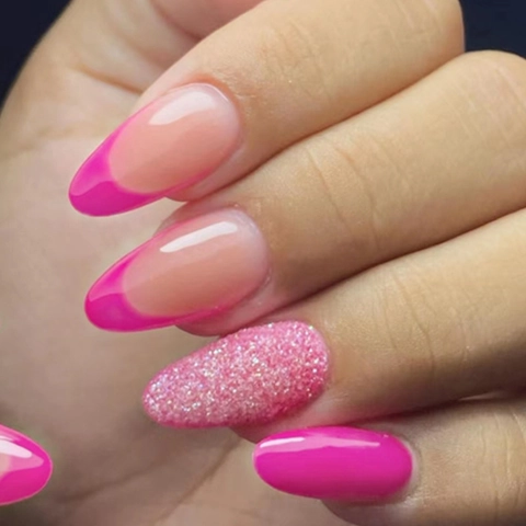 Plastic Press On Nails Almond Shape Rose Red French Tip Glitter Glossy Elegant For Women