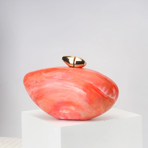 Women Acrylic Evening Clutch Bag Marble Texture Shell Shape Handbag With Gold Metal Clasp Hard Shell For Party Wedding