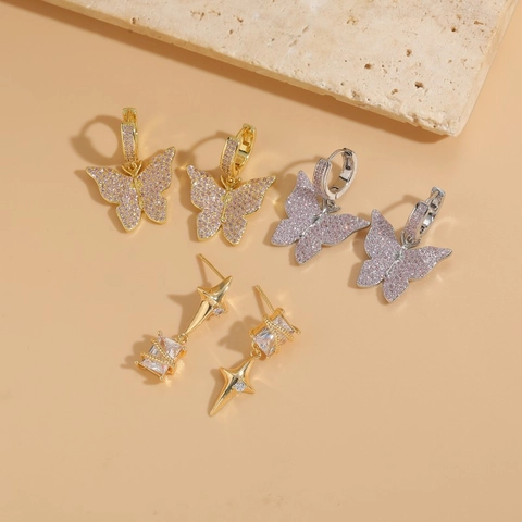 Niche Design Star Butterfly Zirconia Earrings For Women 14K Gold Plated Copper Geometric Stud Earrings Elegant Party Jewelry