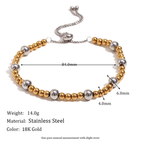 Stainless Steel Beaded Bracelet 18K Gold Plated Two Tone Adjustable Sliding Clasp Fashion Jewelry For Women
