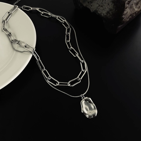 Double Layer Necklace Stainless Steel Irregular Molten Lava Pendant Paperclip Snake Chain Minimalist Jewelry For Women