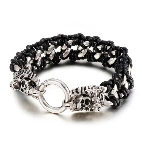 Punk Dragon Skull Head Braided Leather Stainless Steel Bracelet Gothic Rock Biker Jewelry For Men Retro Vintage