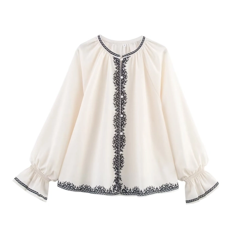 Damen Bluse Mit Ethno Stickerei Lange Laternenärmel Rundhals Off White Polyester Leinen Folk Style Oberteil