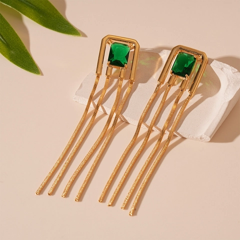 Retro Quadratische Grüne Zirkon Quasten Ohrhänger Mit Silbernem Ohrstecker Geometrischer Langer Metallschmuck Für Damen