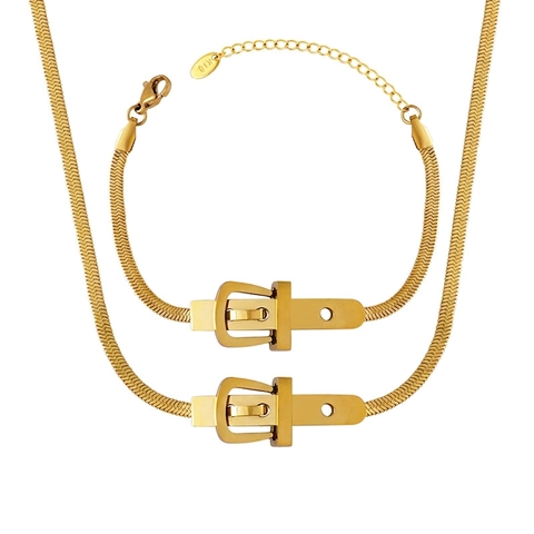 Stainless Steel Necklace And Bracelet With Belt Buckle Design Flat Snake Chain Gold Tone Hip Hop Fashion For Women