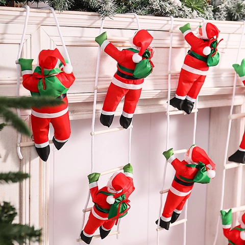 Babbo Natale Che Si Arrampica Su Scala Di Corda Decorazione Appesa Bambola Tessuto Poliestere Con Sacco Regalo Verde Per Natale