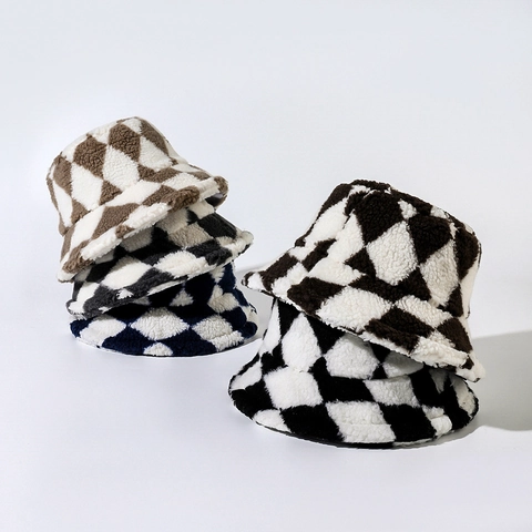 Winter Bucket Hat Faux Lamb Wool Thick Warm Checkerboard Pattern Diamond Lattice Retro Casual Women Windproof