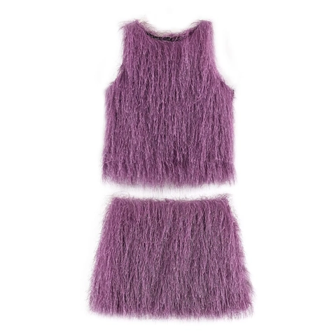 Violettes Kunstfell Fransen Ärmelloses Top Und Bodycon Rock Damen Mode Plüsch Streetwear Party Outfits