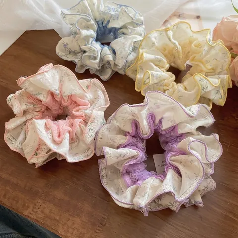 Florale Stoffen Scrunchies Met Kant Oversized Elastische Haarbanden Zoete Franse Stijl Ponytail Houder Vrouwen