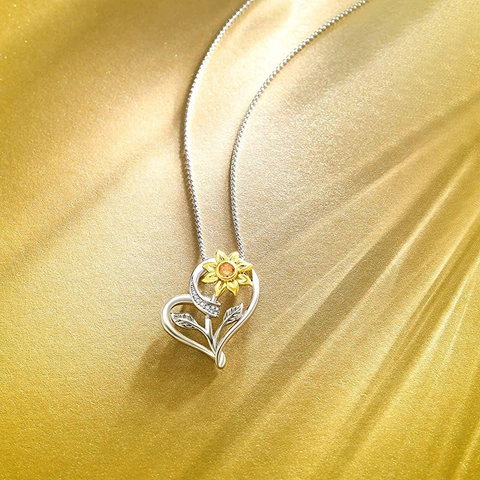 Collana con Pendente a Forma di Cuore e Girasole in Argento Sterling 925 Elegante Gioielli con Fiori in Strass per Donna