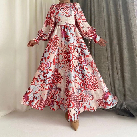Boheemse Bloemenprint Maxi Jurk Polyester Lantaarnmouwen Ronde Hals Frans Elegant Hoge Taille A-Lijn Dames