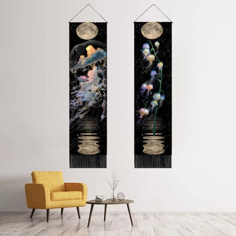 Nordic Jellyfish Moon Tapestry Wall Hanging Polyester Cotton Fabric With Wooden Pole And Tassels For Home Decor