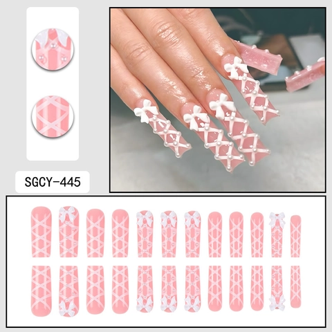 Press On Nails Pink Gradient Long Square Artificial False Nails White Bow Artificial Pearl Decor Balletcore Sweet Style For Women