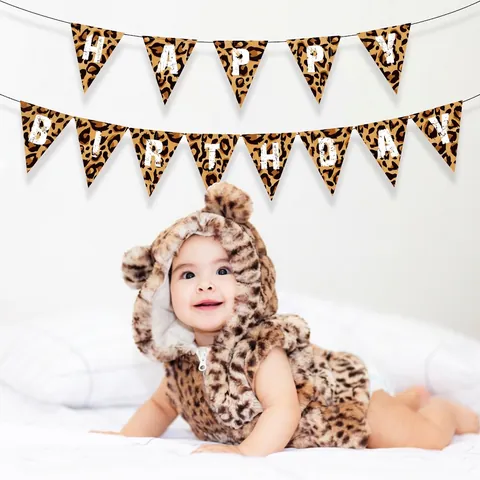 Banner Buon Compleanno Stampa Leopardata Tema Animale Cartoncino Bandiera Triangolo Ghirlanda Decorazione Per Feste Stile Safari Giungla