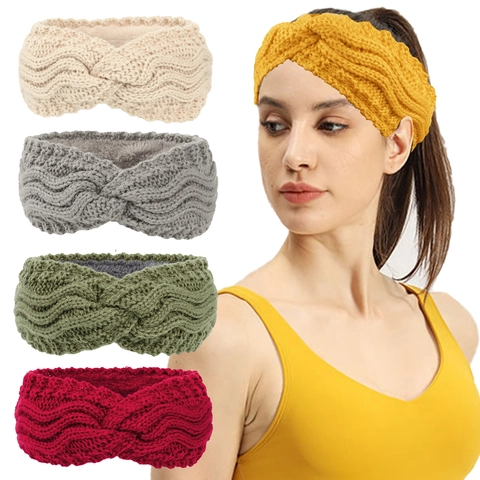 Knitted Headband Warm Winter Ear Warmer Fleece Lined Twist Knot Acrylic Yarn Cable Knit Elastic Hair Band For Women