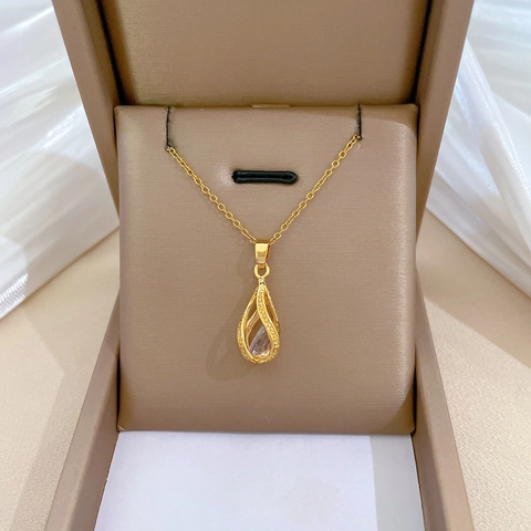 Collier À Pendentif Goutte D'eau Rotatif Chaîne En Acier Inoxydable Avec Cuivre Zircon Élégant Luxe Pour Femme