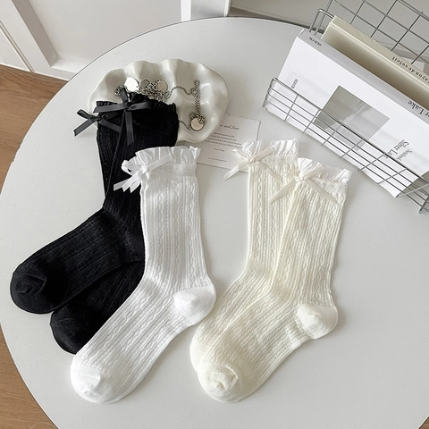Women Cotton Crew Socks With Lace Trim And Bow Accent Eyelet Hollow Out Sweet Vintage Style