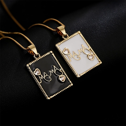 Mama Anhänger Halskette 18K Gold Vergoldet Kupfer Rechteckig Emaille Mit Herz Zirkon Schmuck Geschenk Für Frauen