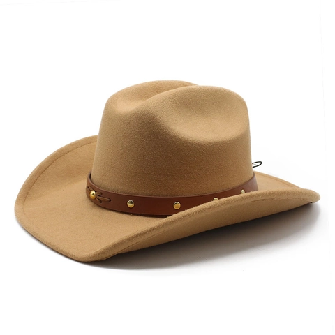 Western Cowboy Hat Vintage Wide Brim Woolen Felt Fedora With Leather Rivet Band For Men Women