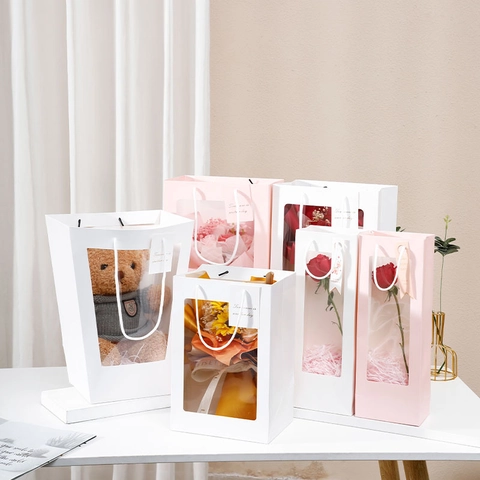 Transparent Window Gift Bag Handheld Cardboard Packaging For Flowers Dolls Bouquets Mothers Day Valentine Party