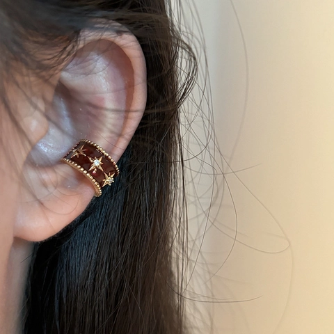 Vintage Star Zircon Copper Ear Cuff With Red Enamel Gold Plated Non Pierced Earring For Women