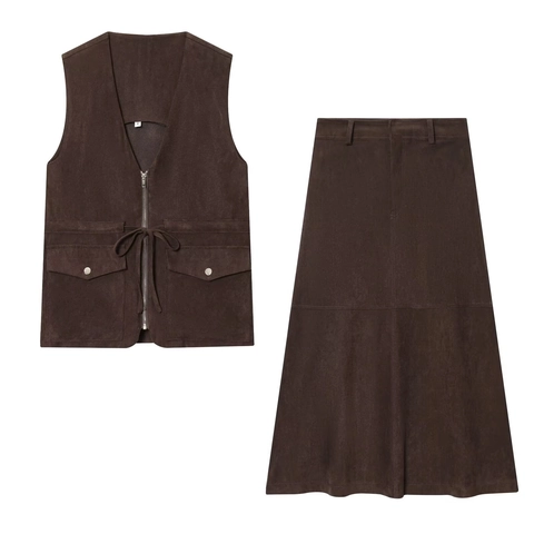 Dames Rok Set Faux Suede Mouwloos Vest Met V Hals En Rits En A Lijn Midi Rok Met Zakken Streetwear