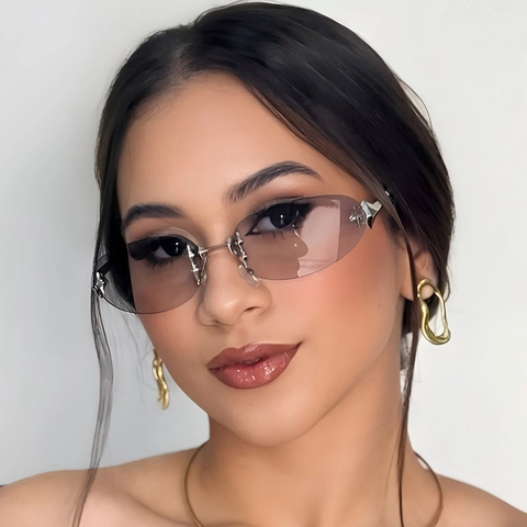 Vintage Oval Rimless Sunglasses With Star Metal Decoration Y2K Millennial Punk Style UV400 Protection