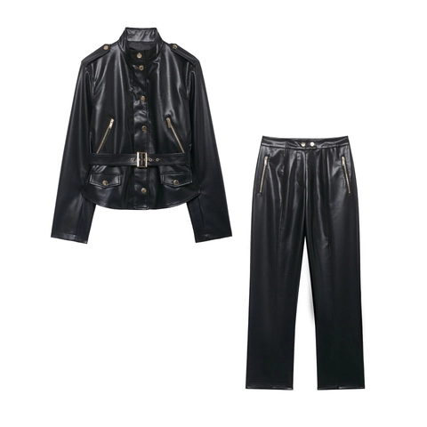 Women PU Leather Belted Moto Jacket And High Waist Pants Streetwear Faux Leather Chic Solid Color Ensemble