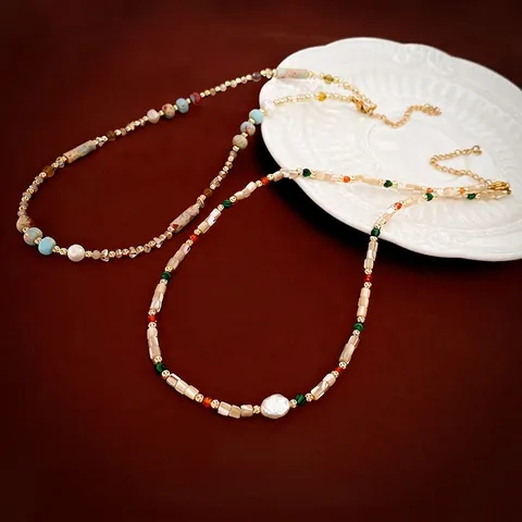 Perlenhalskette Mit Süßwasserperle Und Naturstein Böhmischer Handgefertigter Clavicle-Ketten-Schmuck Für Frauen