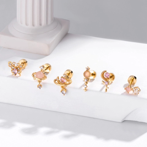 Roestvrijstalen Staaf Kraakbeen Piercing Stud Koper Met Zirkoon Hart Planeet Vlinder Vorm Schroefsluiting Sieraden