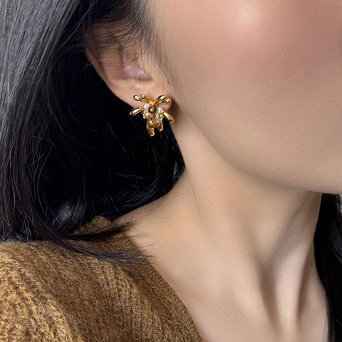 Pendientes De Botón Florales Chapados En Oro Ojo De Tigre Strass Perla Artificial Con Poste De Plata 925