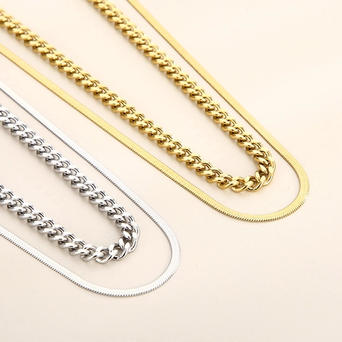 Collar De Capas Acero Inoxidable Eslabones Cubanos Y Cadena De Serpiente Plana Joyería Streetwear Minimalista Para Mujeres