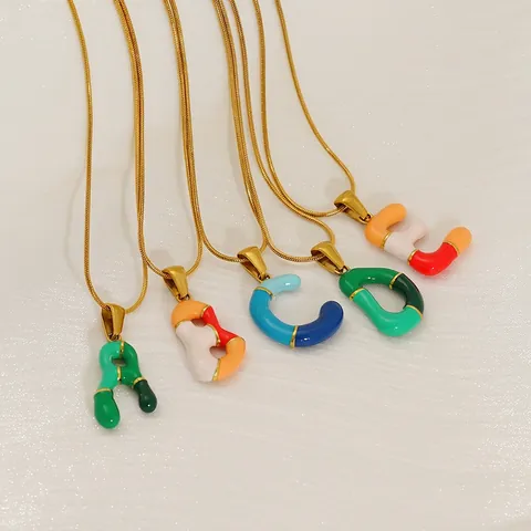 Initialen Buchstaben Anhänger Halskette Edelstahl Bunte Emaille Dopamin Stil Mode Schlangenkette Für Damen