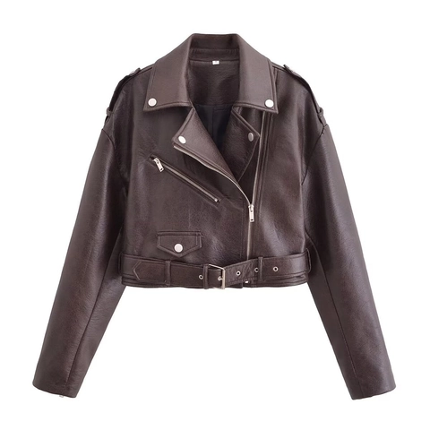 Giacca Da Moto In Ecopelle PU Donna Vintage Con Cintura Cerniera Risvolto Corto Cappotto Streetwear