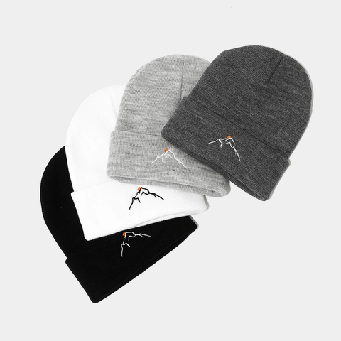 Berretto In Maglia Acrilico Ricamo Montagna Al Tramonto Risvolto A Costine Inverno Caldo Sport All Aperto Unisex